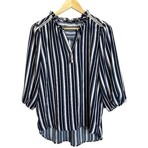 Cure. Blue and White Relaxed Blouse Women’s Top with Mandarin Collar